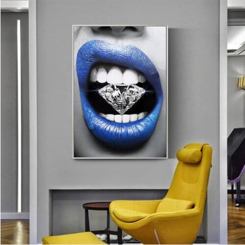 GOODECOR Modern Poster Art Sexy Blue Lips Diamond Bite Print Wall Oil Painting Canvas Picture Living Room Bar Office Home Decor