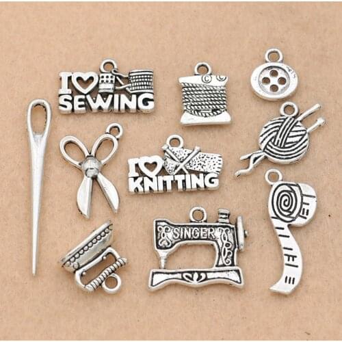 Mix Tibetan Silver Plated Sewing Ruller Needle Scissors Charm Pendants for Jewelry Making Bracelet Findings Accessories 10styles