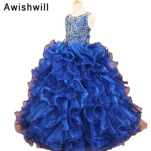 Royal Blue Child Pageant Party Dress 2020 Beaded Organza Sleeveless Ball Gown Flower Girls Real Photo Princess Birthday Dress