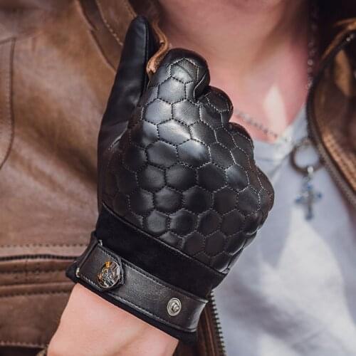 Leather Gloves Male Winter Warm Fashion Plaid Imported Sheepskin Driving Real Leather Mans Gloves Classic Black NM764