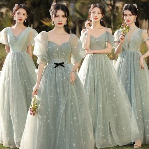 Beauty Emily2021 Mori Fashion Green Bridesmaid Dresses A-Line Long Lace Up Short Sleeve Wedding Party Prom Dresses
