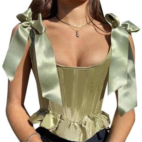 Summer Solid Square Collar Patchwork Sleeveless Corset Tops Women Fashion Bow Green Ruffled Silk Lace Up Tunic Corsets Bustiers