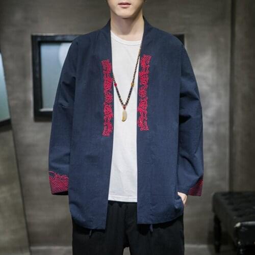 Fashion Costume Embroidery Hanfu Men Chinese Style Linen Robe Cardigan Jacket Oversized Kimono Ancient Coat Male