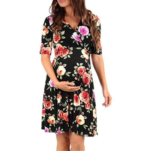 Maternity Wear Daily Casual Dress Breastfeeding Womens Printed Waist Deep V-neck Mid-sleeve Maternity Dress Maternity Dresses