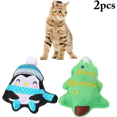 2Pcs Christmas Catnip Cat Toys Cute Xmas Tree Penguin Plush Cat Toy Cat Chew Toy Pet Accessories Set