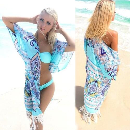 European and American fringed beachwear bikini outerwear chiffon sunscreen cardigan printed swimsuit wrap skirt female coat veil