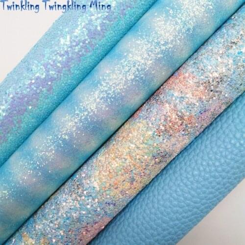 Stripes Printed Glitter leather, Blue Chunky Glitter Leather, Litchi Faux Leather Fabric For Bow 21x29CM Twinkling Ming KM329