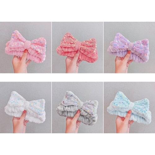 High Quality Cartoon Big Bow-knot Shiny Sequins Hairband Soft Warm Coral Fleece Hair Holder Headband Wash Face Headwear