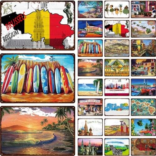 Vintage Landscape Tin Sign Home Decor Wall Picture for Living Room Metal Plate City Scenery Metal Sign Street Iron Sheet Sign