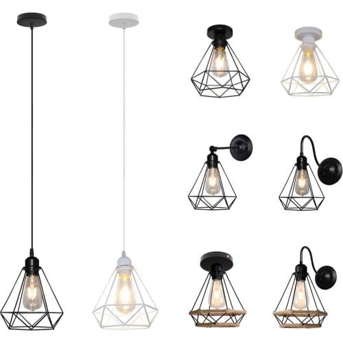 Vintage Pendant Light Black White Iron Ceiling Lamp Loft Iron Diamond Cage Wall Lights for Dining Bedroom E27 Hanging Lampshade