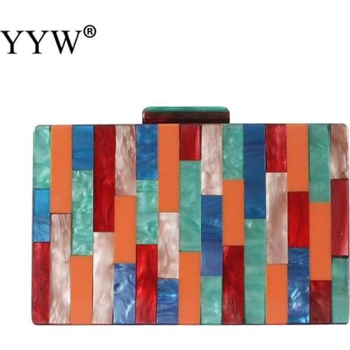 Lady One Shoulder Diagonal Bag Multicolored Stitching Contrast Color Acrylic Bag Fashion All-Match Wedding Dinner Clutch Bag