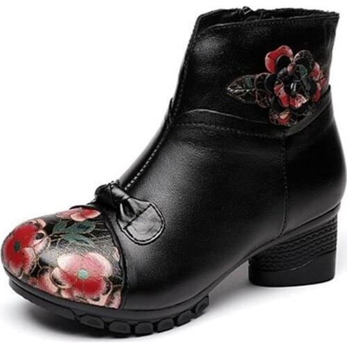 2020 New Printing Retro Winter Boots Women Leather Shoes High Heels Non-slip Elegant Fashion Boots Warm Snow Boots Women Shoes