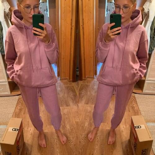 2021 new "women 's suit casual hooded sweater plus velvet and thick pants two - piece suit