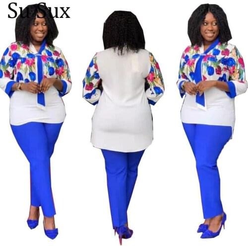 Office Lady Suit Flower Print Two Piece Set Women Outfits Plus Size Tracksuit Scarf Long Top and Long Pants Suit African Clothes