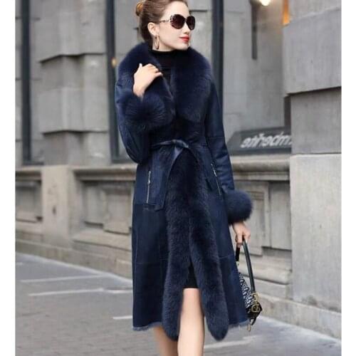 Real Fox Fur Collar With Belt Women Winter Long Coat Sheepskin Real Full Pelt Fur Coat