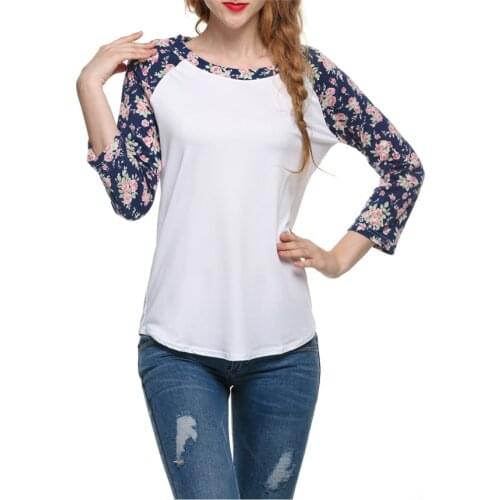 2016 Stylish Women Fashion Round Neck Patchwork Floral Sleeve Spring Autumn T-shirt Tops wholesale