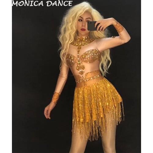 Sparkly Gold Rhinestones Tassel Dress Dance Costume Womens Birthday Party Celebrate Outfit DJ Singer Dance Long Sleeves Dress