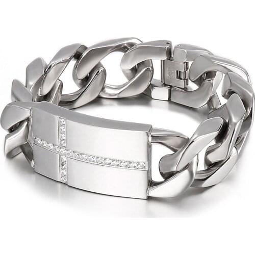 High Polished Silver 316L Stainless Steel Curb Cuban Link Chain Bracelet For Men Women Cross Pattern Bangle Jewelry Gift 20mm