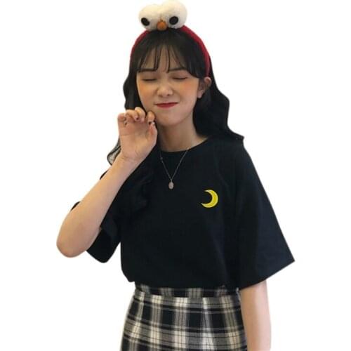 Women Round Collar Summer Cartoon T-Shirt Embroidery Loose Short Sleeve Casual Tee Shirt Tops