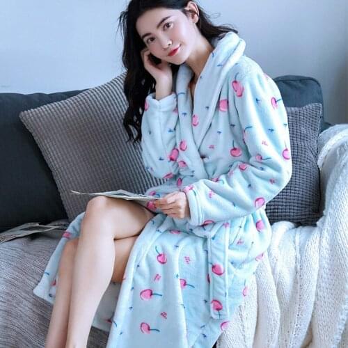 H5922 Flannel Women Robes Autumn Winter Cherry Print Nightgown Female Thickened Coral Velvet Nightwear Student Girls Bathrobe