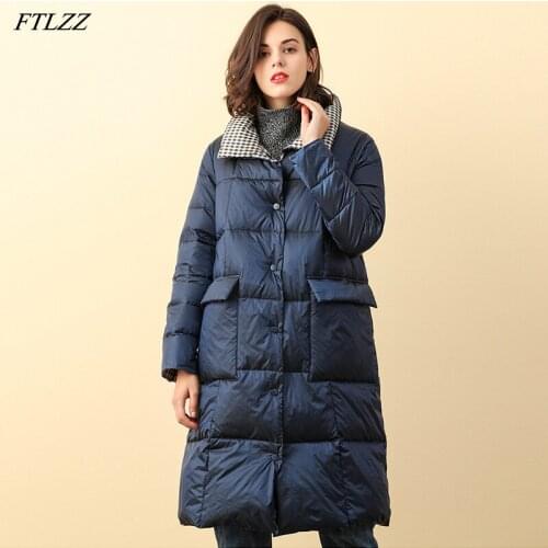FTLZZ Winter Grid Double Sided Long Feather Jacket Women White Duck Down Warm Fit Coat Splicing Single Breasted Fluffy Outwear