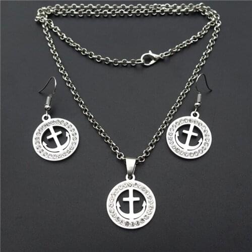 Anchor Stainless Steel Jewelry Set Clay Inlaid Rhinestone Necklace Earrings For Women Girls