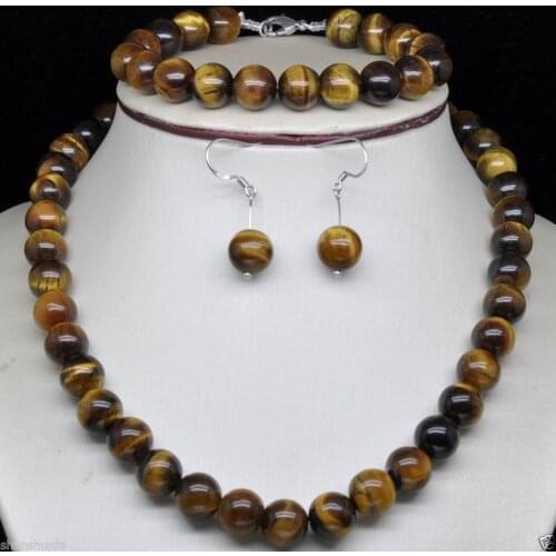 10mm Tiger eye Natural stone jewerly beads necklace &bracelet &earring Jewellery Set
