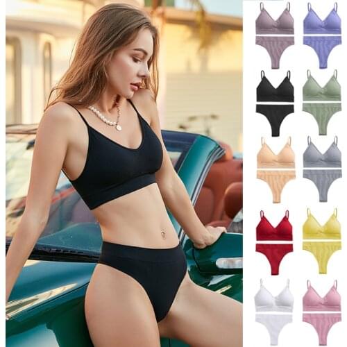 2021 Women Padded Bra Brazilian Panties Set Seamless Tops Sports Bra Set Sexy Thongs Girl Lingerie Fitness Crop Top Underwear