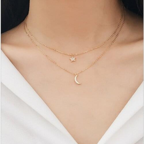 Fashion Silver Color Crystal Long Moon Star Necklaces For Women Wedding Choker Statement Necklaces Collares Colar