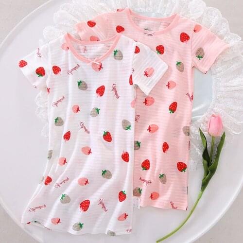 Summer Dress Baby Girls Cute Strawberry Nightdress Kids Slub Cotton Cozy Thin Breathable Nighty Home Clothing Child Clothes Girl