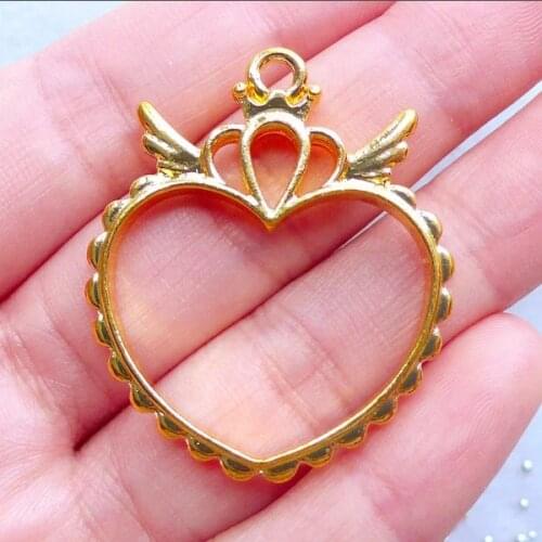 Magical Girl Heart Princess Open Back Bezel Charm Kawaii Jewelry Making Winged Heart Deco Frame UV Resin Filling Jewelry Bezels