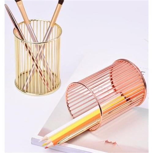 Wholesale 10*8cm Waterfall shape Hollow desk storage tube rose gold iron art pen holder Metal chopsticks cage