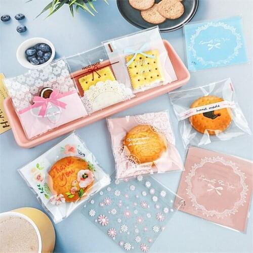 100 Pcs 10x10+3cm Flower Pattern Plastic Bags Cookie Biscuits Snack Self-adhesive Wedding Party Gift Bags