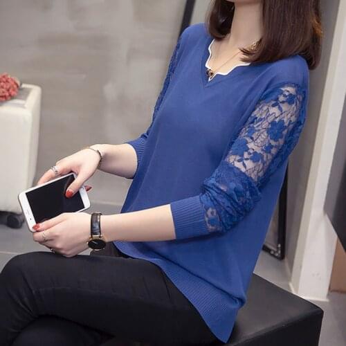 Plus Size Lace Patchwork Pullover Sweaters 2020 Fall Korean V-neck Knit Tops Oversized Fashion Long Sleeve Office Lady Jumpers