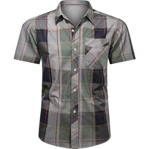 2021 Men Summer 100% Cotton Military Plaid Shirt Short Sleeve Cargo Shirts Men Spring Casual Single Breasted Business Shirt Men