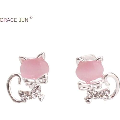 Korea Style Rhinestone Opal Small Cat Shape Clip on Earrings Non Piercing for Girls Party Wedding Charm Cute Earrings Ornament