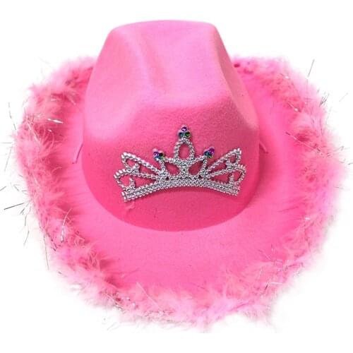 Women Girl Party Western Style Cosplay Festival Crown Inlaid Cowgirl Hat Holiday Masquerade Felt Stage Performance Costume Solid