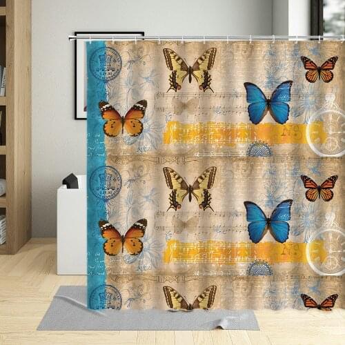 Colorful Butterfly Design Vintage Classic Illustration Shower Curtain Waterproof Fabric Bathtub Curtains For Living Room Decor
