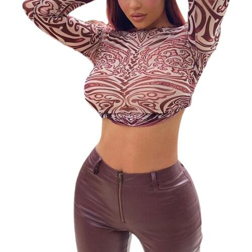Y2K Women See-through T-shirt Adults Sexy Abstract Print Long Sleeve Round Neck Pullover