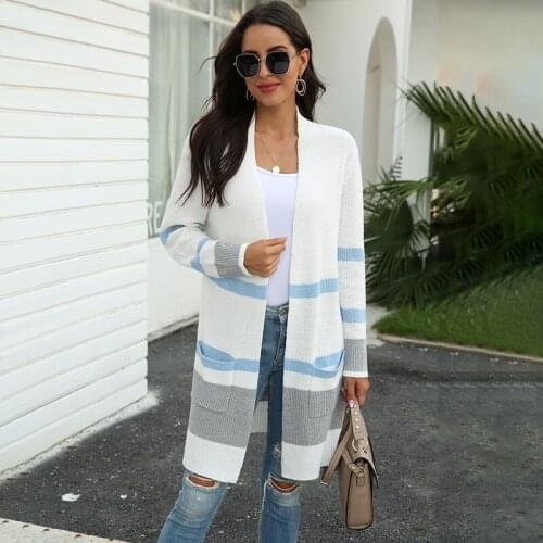 Pocket Stripe Knitted Cardigan Women Stitching Contrast Sweater Cardigan Women Autumn Knit Long Coat