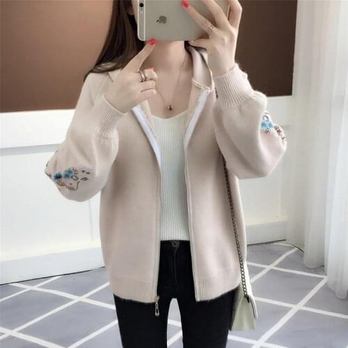 Women Hooded Zipper Knitted Cardigan Embroidered Soft Spring Autumn Sweater Jacket Classics Wild Fashion Casual Female Coat