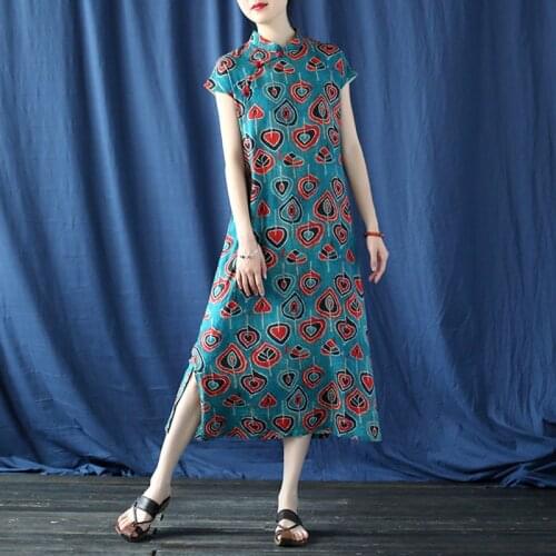 Johnature Women Print Floral Chinese Style Cheongsam Cotton Linen Dress 2021 New Summer Stand A-Line Button Vintage Cheongsam