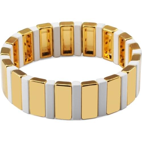 Gold Color Enamel Tile Bracelet Bohemia Elastic Younger Stackable Tila Bracelet Valentines day girl friend Gift