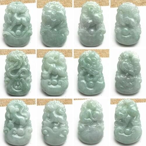 1SET 12 Twelve Chinese Zodiac Natural Grade A jadeite Burma jade Green pendant Dragon Ox snake goat rat dog horse pig necklace
