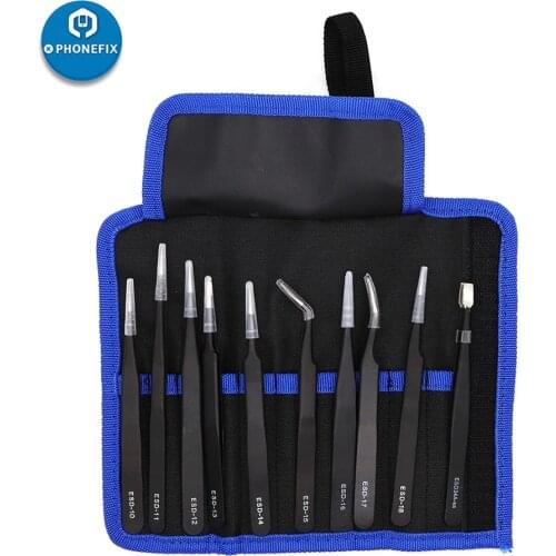 10pcs/lot Anti-static Precision Tweezers Set electronic ESD Tweezers Electronics PCB soldering Tool Kit for iPhone Maintenance