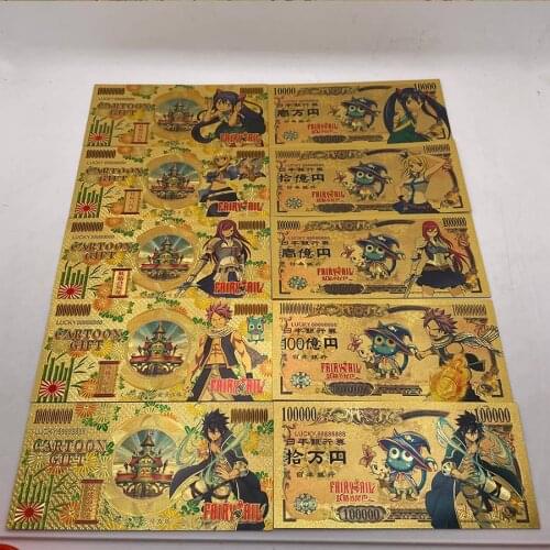 10 types Design Japan Anime Fairy-Tail Banknote Cartoon Card in 24K Gold Plated Card For Collection