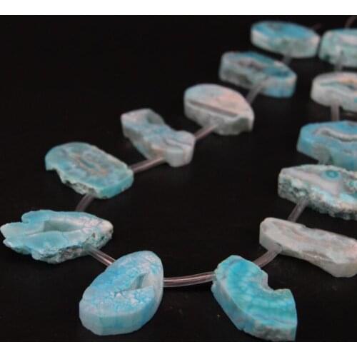 15.5"/strand Blue Raw Agates Quartz Geode Druzy Top Drilled Freeform Slab Nugget Beads,Natural Roug Drusy Slice Pendant Jewelry