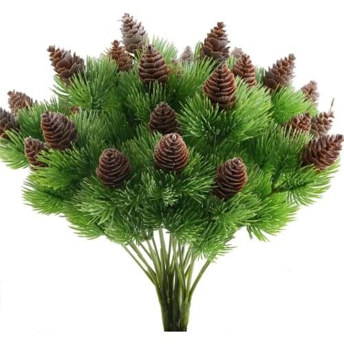 5PCS Branches Pine Nuts Cones Artificial Plastic Pine Fake Plants Tree For New Year Wedding Party Decoration Faux Grass