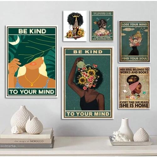 Black Girl Mental Health Poster Mental Be Kind To Your Mind Positive Art Prints African Woman Vintage Canvas Painting Home Decor