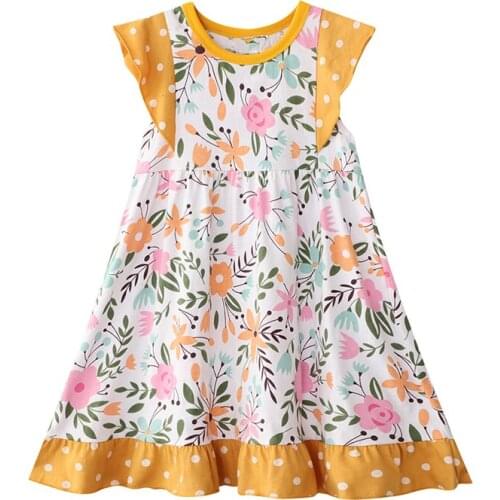 27kids Fashion Breathable Girls with Dancing Floral Yellow Pattern Cotton Kids Summer Sleeveless Dress for Casual Skirt 2-7Years